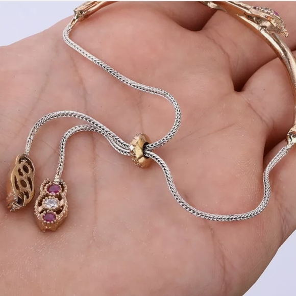 Topaz &Ruby Dual bronze Snake Adjustable .925 sterling Bracelet - Picture 12 of 12
